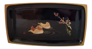 1980s Japanese Satsuma Black Lacquer Plastic Serving Tray
