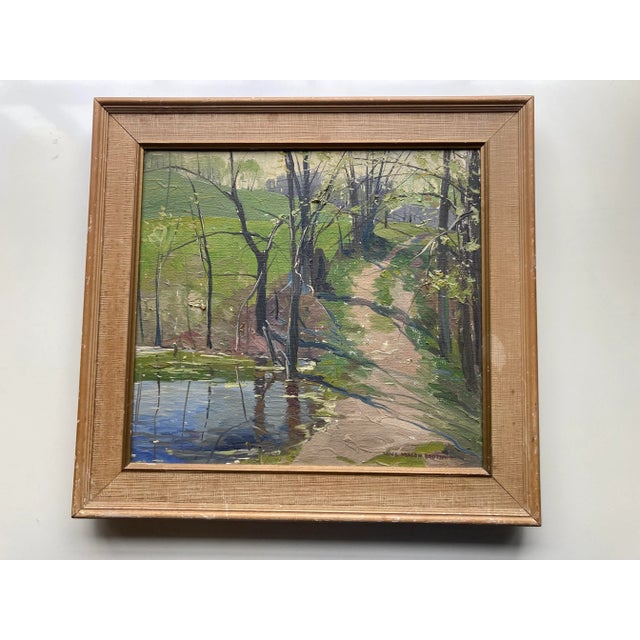 Vintage American Wooded Pond Landscape Framed Oil Painting on Canvas by Nina Mason Booth Chairish