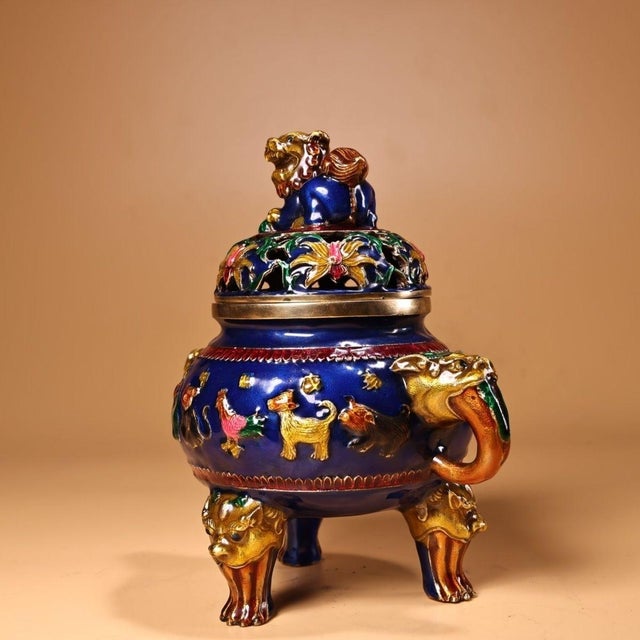 Traditional Vintage Cloisonné Enamel Bronze Incense Burner Censer Foo Dog 6.9" For Sale - Image 3 of 9