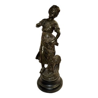 Large Antique French Moreau Statue - Girl With Lamb For Sale