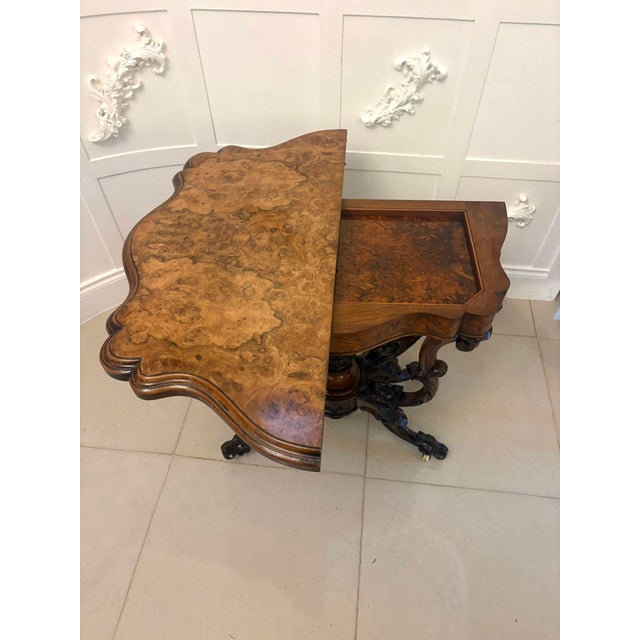 Brown Antique Victorian Burr Walnut Card or Console Table with Carved Basket Base, 1850 For Sale - Image 8 of 16