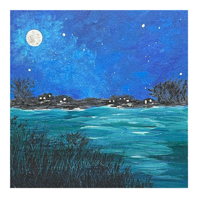 Super Moon 6" X 6" Acrylic Painting Signed Full Moon & Night Sky Art Unframed For Sale