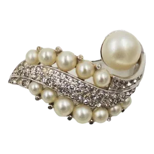 Vintage 1950s Signed Jomaz Rhodium Plate Faux-Pearl & Clear Rhinestone Brooch