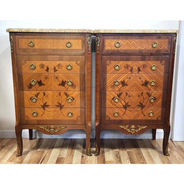 French Pair Antique French Louis XV Style Inlaid & Sienna Marble Chest Commodes Signed For Sale - Image 3 of 18