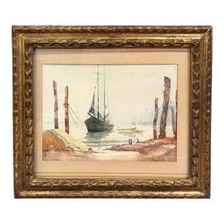 Mid Century Maritime Watercolor Painting - Sailboat in a Harbor - Signed, Fantastic Gilt Wood Frame For Sale