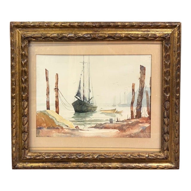 Mid Century Maritime Watercolor Painting - Sailboat in a Harbor - Signed, Fantastic Gilt Wood Frame For Sale