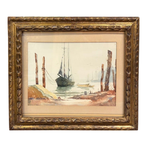 Mid Century Maritime Watercolor Painting - Sailboat in a Harbor - Signed, Fantastic Gilt Wood Frame