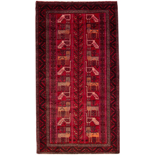 Textile 1960s Vintage Shiraz Handmade Pictorial Red Wool Rug For Sale - Image 7 of 7