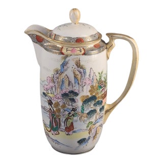 Antique Japanese Nippon Chocolate-Tea-Coffee Pot Hand Painted Gilded Figural Geisha Scenic For Sale