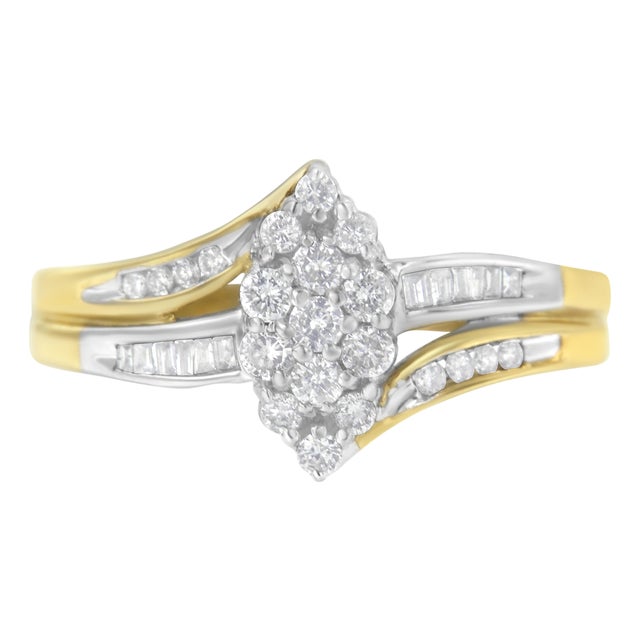 10K Yellow and White Gold 1/2 Cttw Diamond Marquise Shaped Cluster Split Shank Ring (H-I Color, SI2-I1 Clarity) - Size 7 For Sale