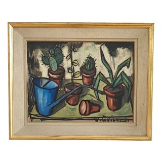 William Goliasch, Still Life with Watering Can and Cacti, 1960s, Oil and Gouache on Wood, Framed For Sale