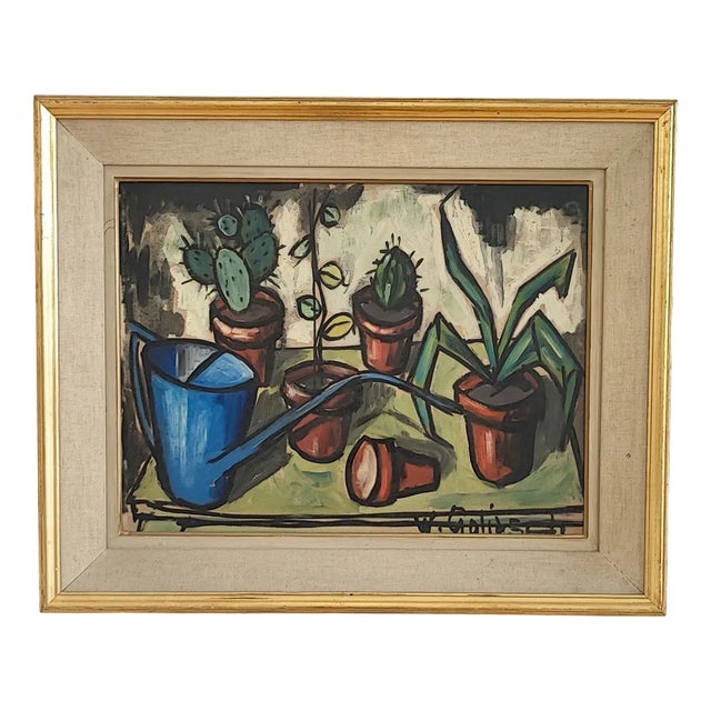 William Goliasch, Still Life with Watering Can and Cacti, 1960s, Oil and Gouache on Wood, Framed For Sale