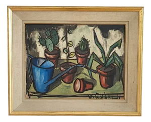 William Goliasch, Still Life with Watering Can and Cacti, 1960s, Oil and Gouache on Wood, Framed