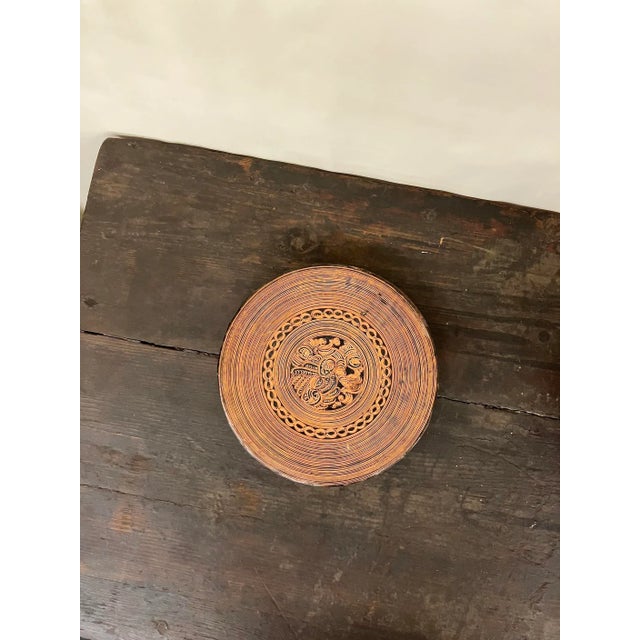 Antique lacquered round 3-piece Burmese (Myanmar) betel nut box, highly decorated with an ultra-fine hand-painted pattern...