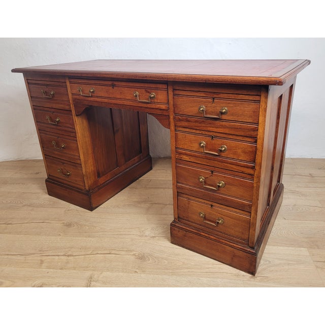 Antique Edwardian Knee Hole Writing Desk with Red Leather Top, 1910s For Sale - Image 4 of 18