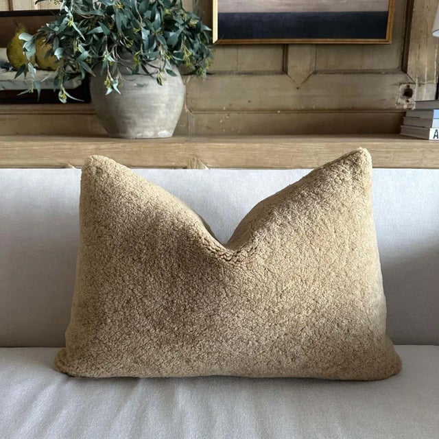 100% Wool Shearling Lumbar Dimensions 15" x 24" Brass Zipper Color is a brown called cappuccino extremely soft to the...