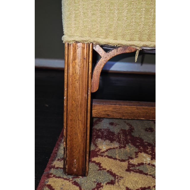 Antique Upholstered Wingback Armchair With Carved Wood Arms For Sale - Image 9 of 15