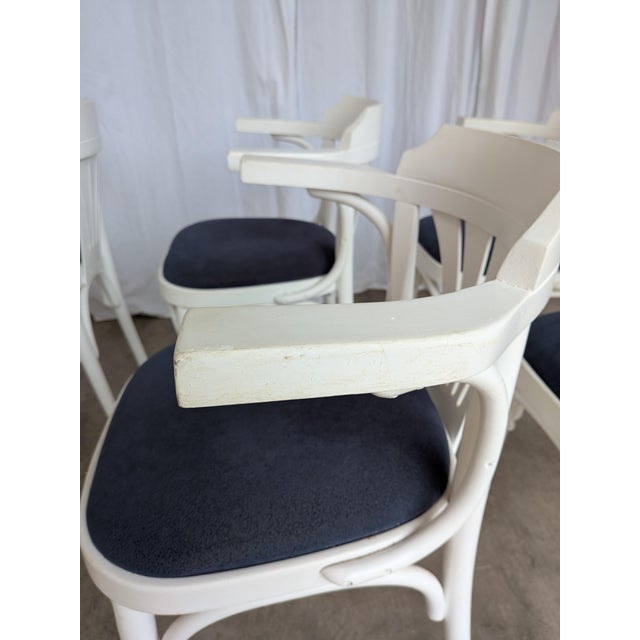 1970s Vintage White Bentwood Dining Chairs with Blue Fabric Seats, 1970s, Set of 6 For Sale - Image 5 of 18