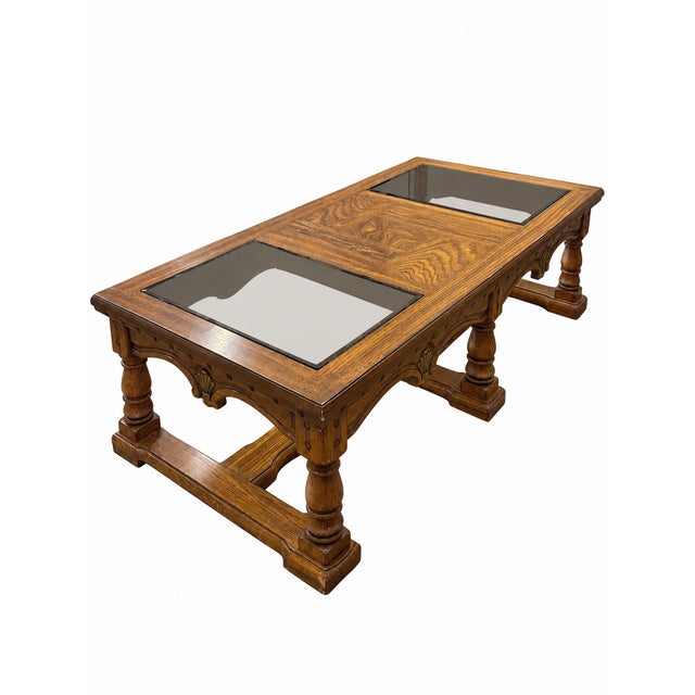 Vintage Mediterranean Revival Parquet-Pattern Wood and Smoked Glass Coffee Table For Sale - Image 14 of 18