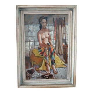 Early Carlos Bastos Oil on Board "Harlequin" New York 1948 Important Artist For Sale