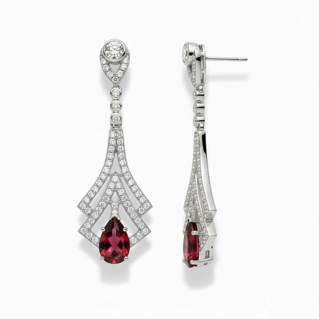Modern Art Deco Style Garnet and Colorless Topaz Drop Earrings Silver, Gold, A Pair For Sale - Image 3 of 5
