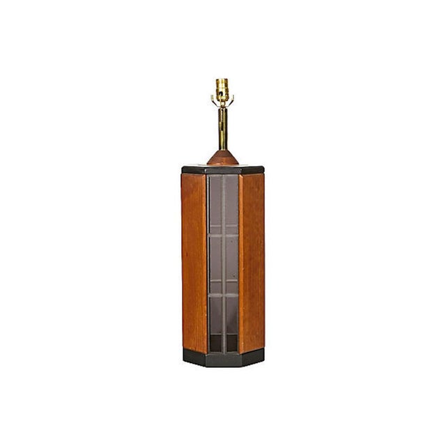 Mid-Century Modern 1970s Smoked Glass & Wood Table Lamp For Sale - Image 3 of 7
