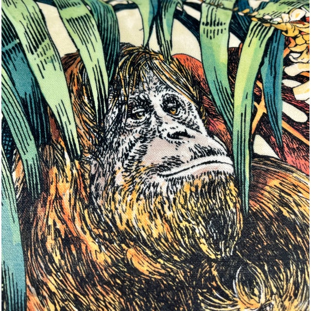 English 20" Square Decorative Throw Pillow Decorated With a Mother Orangutan/Ape & Baby Resting Among Lush Green Jungle Foliage - Made in the U K For Sale - Image 3 of 12