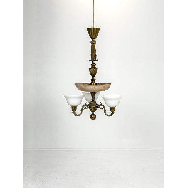 Swedish Grace Three-Arm Chandelier in Brass by Harald Notini Böhlmarks, 1930 For Sale - Image 9 of 9