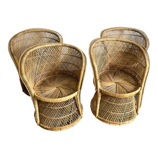 Boho Chic Buri Rattan Wicker Circular Dining Arm Chairs - Set of 4 For Sale