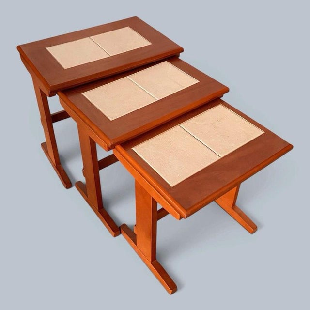 Wood Mid-Century Teak and Cream Tile Nest of Three Tables Compact, 1960s, Set of 3 For Sale - Image 7 of 7