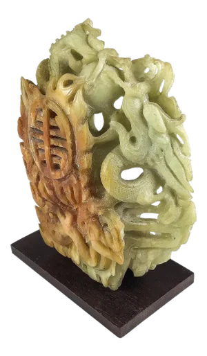 Chinese Celadon & Russet Jade Boulder Carved With 2 Dragons