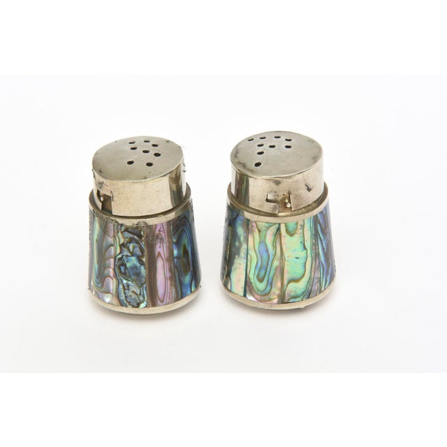 1950s Vintage Small Alpaca Silver and Abalone Salt and Pepper Shakers With Tray For Sale - Image 5 of 9