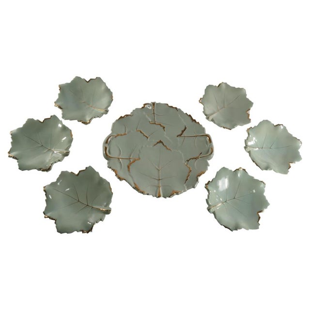 Art Deco Pistamio and Gold Leaf Plates, Set of 7 For Sale - Image 3 of 18