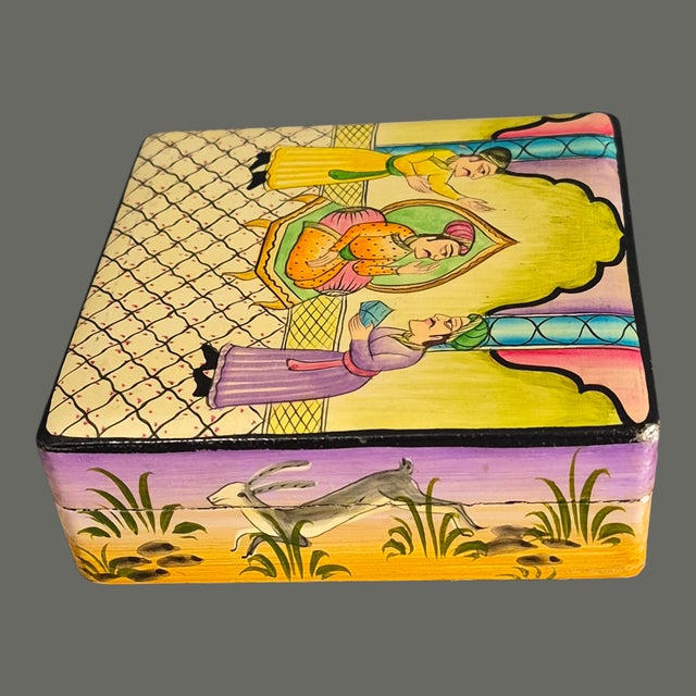 Yellow Vintage Bohemian Hand Painted Lacquer Mughal-Style Kashmiri Paper Mache Box W/6 Coasters For Sale - Image 8 of 11