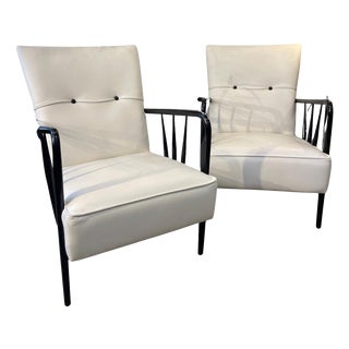 Armchairs in White Leather and Black Wood, 1950s, Set of 2 For Sale