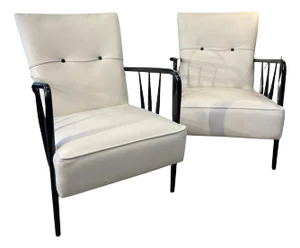 Armchairs in White Leather and Black Wood, 1950s, Set of 2