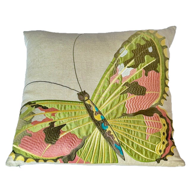 Vintage Silk Embroidered Butterfly Linen Pillow For Sale In Atlanta - Image 6 of 11