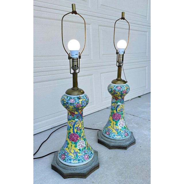 Yellow Monumental Pair of Early 19th-Century Chinese Famille Rose Porcelain Vase Lamps For Sale - Image 8 of 12