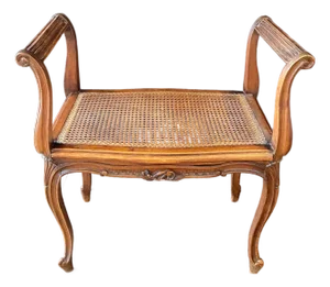 French Provincial Louis XV Carved Walnut Bench or Ottoman With Caning