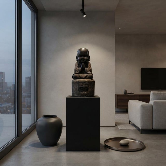 25" Oriental Chinese Zen Young Monk Siting Meditation Stone Statue For Sale - Image 4 of 10