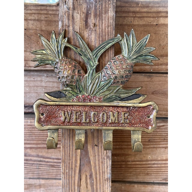 Vintage Coastal Brass Pineapple“Welcome” Hook Wall Plaque For Sale - Image 9 of 9