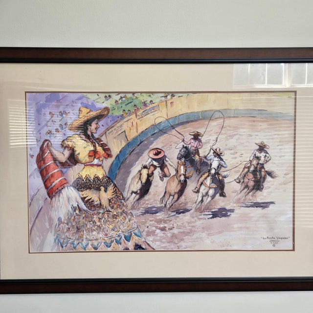 Lorenzo Castñeda 2011 "La Fiesta Vaquera" Framed Watercolor Painting Approximate Measurements: 39"w X 27"h Beautiful...