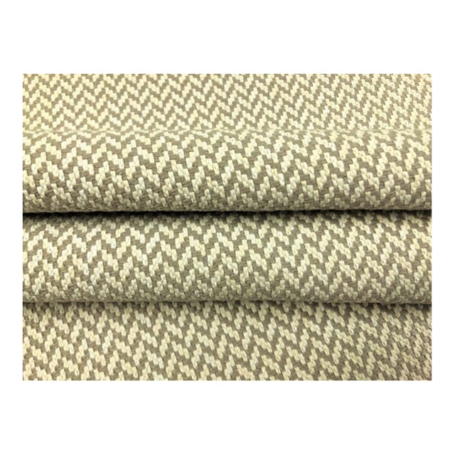 Brentano Brushstroke Cappuccino Indoor Outdoor Water & Stain Resistant Taupe Cream MCM Herringbone Upholstery Fabric For Sale