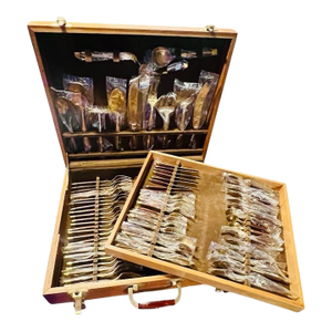 Mid Century Modern Flatware Set in Rosewood & Bronze-Teak Case, Thailand- 100 Pieces