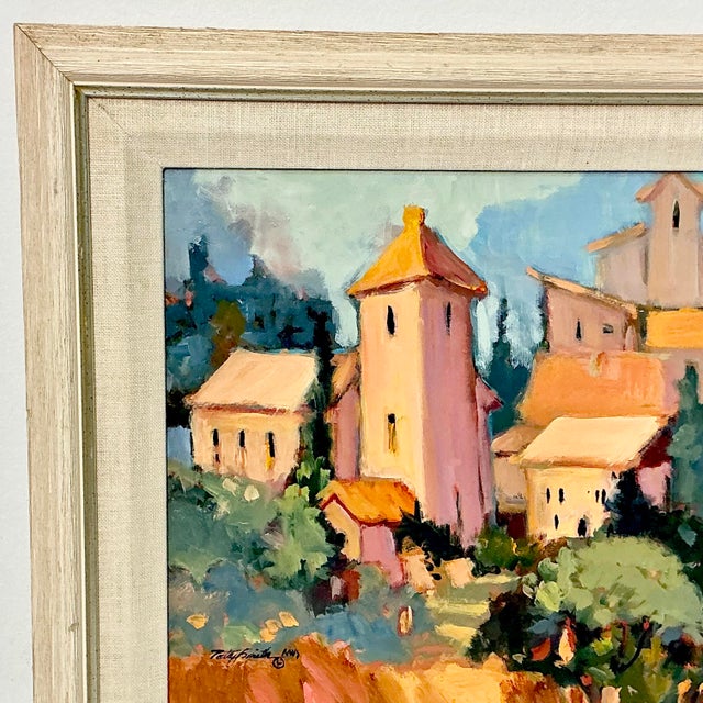 Wood 1963 Vintage Impressionist Rustic European Original Oil Painting, ‘Provincial Village’ by Patsy Smith For Sale - Image 7 of 13