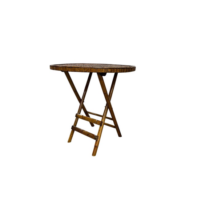 Chinoiserie Vintage Tortoise Bamboo and Woven Rattan Folding Bistro Table For Sale - Image 3 of 7