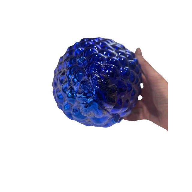 Large Vintage Cobalt Blue Glass Kugel Style Ornament With Brass Cap For Sale - Image 9 of 12