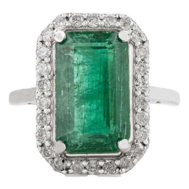 5.24 Carat Zambian Emerald Estate Diamond Ring Size 5.5 in 14k White Gold For Sale