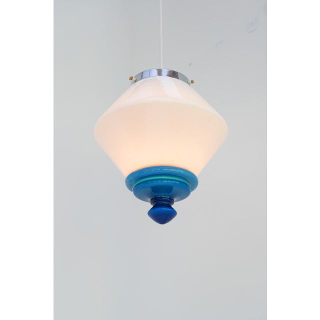 Scandinavian Art Deco Milk Glass Pendant Light with Azure Blue Details, 1930s For Sale - Image 4 of 17