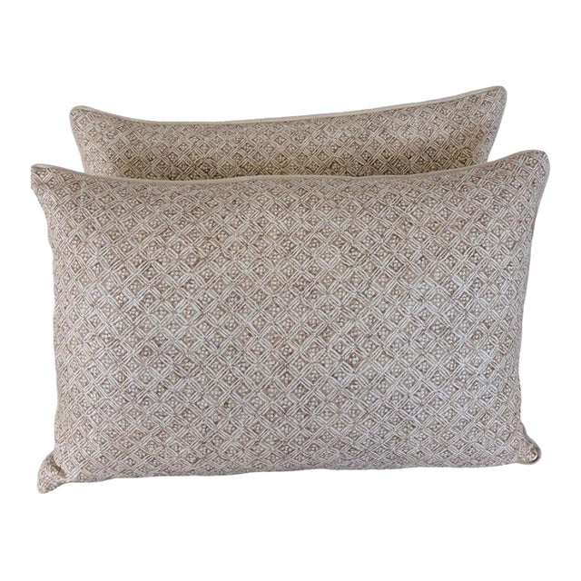 Artisan Crafted Geometric Lattice Pillows in Natural Linen For Sale